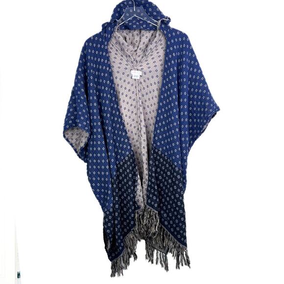 Free People Other - Free People Navy Blue Printed Poncho Hooded Fringe Shawl Kimono Boho One Size